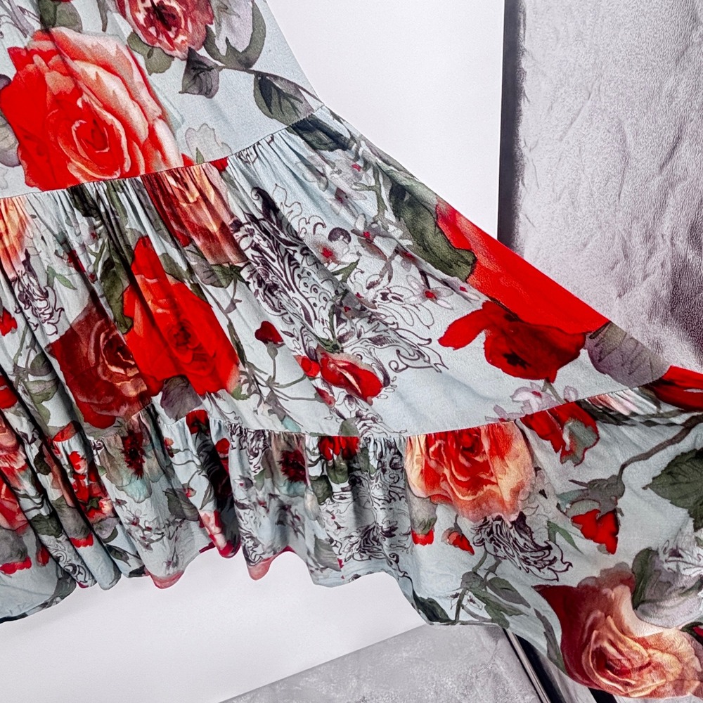 Soft Surroundings Floral Midi Dress Blue Rose Print Tiered Boho Prairie PM - Picture 6 of 6